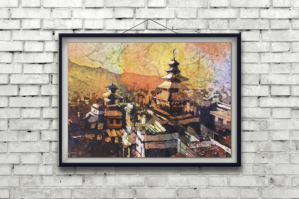 Painting of Hindu temple at sunset in the city of Bhaktapur (Kahtmandu Valley), Nepal, watercolor batik painting Nepal temple Bhaktapur art (print)