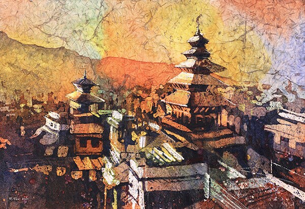 Painting of Hindu temple at sunset in the city of Bhaktapur (Kahtmandu Valley), Nepal, watercolor batik painting Nepal temple Bhaktapur art (print)