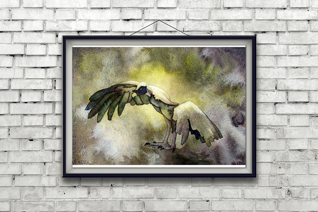 Bird art watercolor painting of African vulture with wings outstretched, bird art colorful vulture painting watercolor (print)