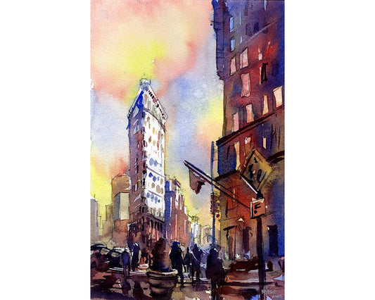 Watercolor painting of the historic Flat Iron building in New York City- New York at sunset