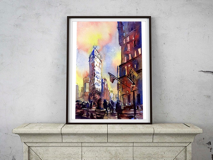 Watercolor painting of the historic FlatIron building in New York City- New York at sunset watercolor painting Flatiron architecture NYC art