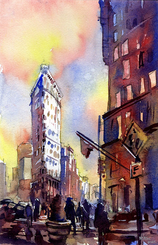 Watercolor painting of the historic FlatIron building in New York City- New York at sunset watercolor painting Flatiron architecture NYC art