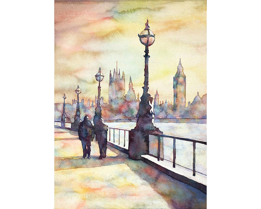 Big Ben y las Casas del Parlamento en la ciudad de Londres, Reino Unido: pintura de acuarela de bellas artes. Arte mural del Big Ben, Londres (impresión)