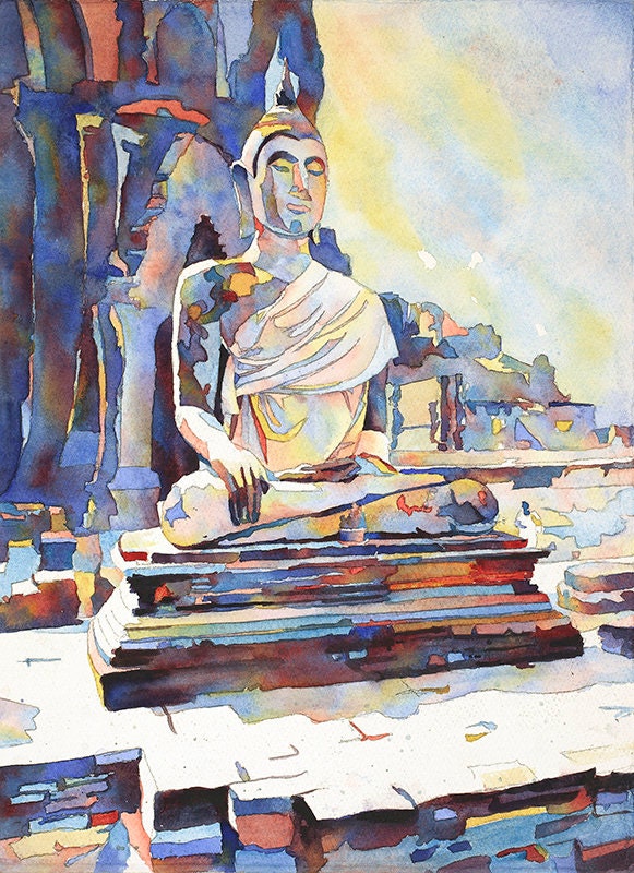 Buda sentado en las ruinas arqueológicas de Sukothai, Sukothai, Tailandia. Arte de Tailandia Pintura de acuarela de Buda sentado (original) obra de arte