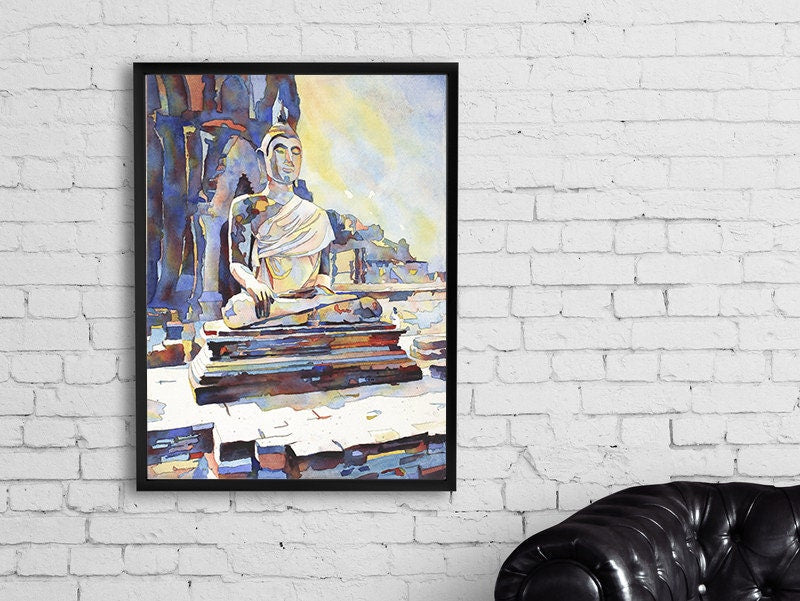 Seated Buddha at Sukothai archaeological ruins- Sukothai, Thailand.  Thailand art Seated Buddha watercolor painting (original) artwork