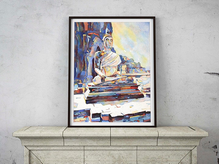 Watercolor painting of Seated Buddha at Sukothai archaeological ruins- Sukothai, Thailand.  Thailand art Seated Buddha watercolor (print)