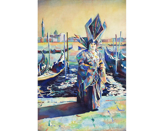 Original watercolor of elaborately dressed figure during Carnivale in Venice, Italy.