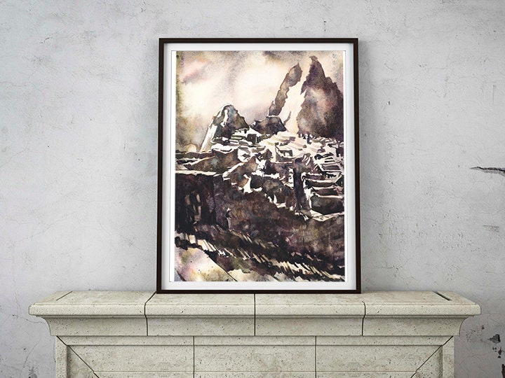 Machu Picchu Incan ruins in Sacred Valley, Peru. Watercolor painting of Machu Picchu Incan ruins Peru, fine art watercolor print, home decor (print)