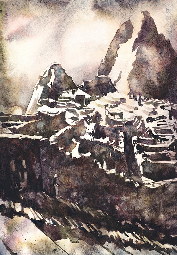 Machu Picchu Incan ruins in Sacred Valley, Peru. Watercolor painting of Machu Picchu Incan ruins Peru, fine art watercolor print, home decor (print)