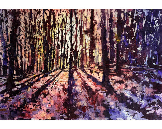 Watercolor landscape painting of forest at sunset- landscape art, watercolor print landscape painting fine art wall decor batik art giclee