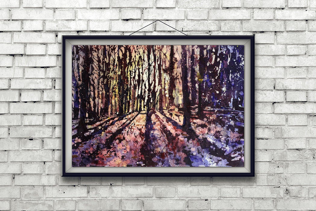 Watercolor landscape painting of forest at sunset- landscape art, watercolor print landscape painting fine art wall decor batik art giclee