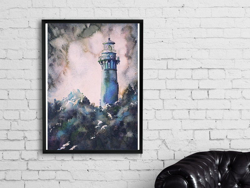 Watercolor painting of Currituck Lighthouse in Outer Banks, NC, lighthouse painting wall art watercolor landscape fine art print lighthouse