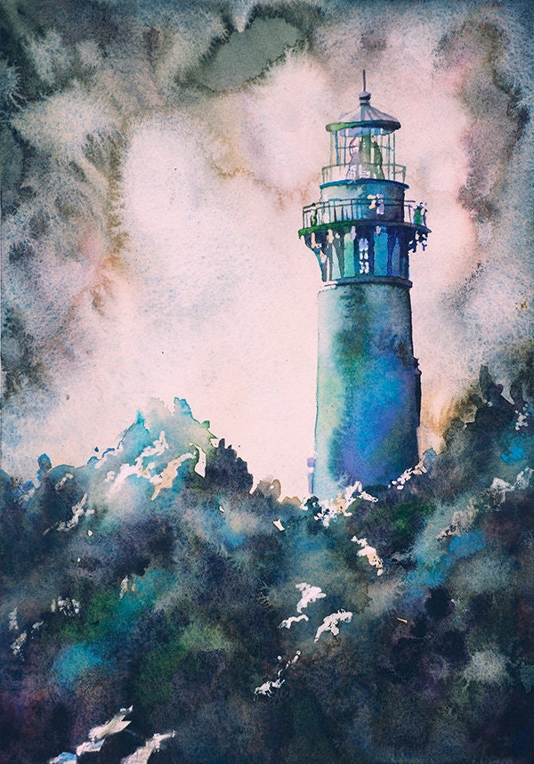 Watercolor painting of Currituck Lighthouse in Outer Banks, NC, lighthouse painting wall art watercolor landscape fine art print lighthouse