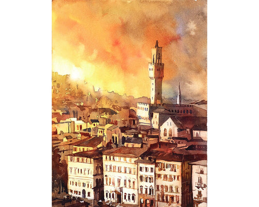 Florencia, Italia, impresión de bellas artes Italia, acuarela Florencia arte pintura giclee Pintura acuarela del campanario de la iglesia al atardecer Florencia (impresión)