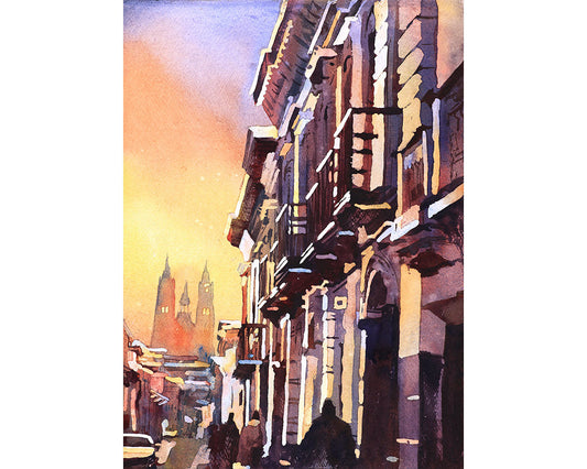 Watercolor painting of Basilica at sunset in city of Quito, Ecuador.  Watercolor Quito skyline fine art painting watercolor giclee print