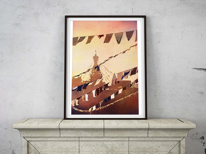 Prayer flags at Buddhist stupa of Swayambhunath near Kathmandu Nepal, Buddhist art watercolor painting prayer flags, Nepal fine art giclee