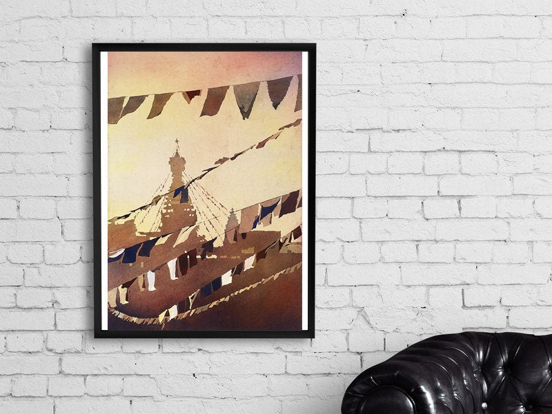 Prayer flags at Buddhist stupa of Swayambhunath near Kathmandu Nepal, Buddhist art watercolor painting prayer flags, Nepal fine art giclee