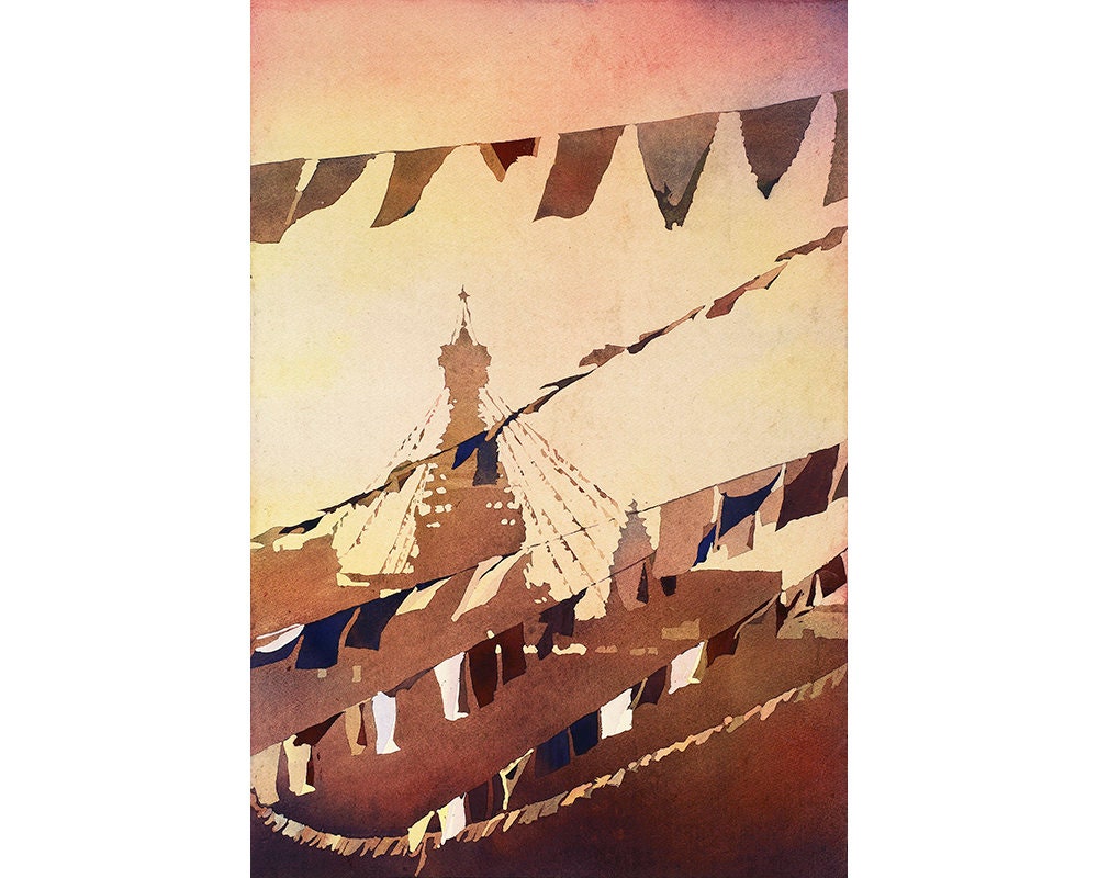 Prayer flags at Buddhist stupa of Swayambhunath near Kathmandu Nepal, Buddhist art watercolor painting prayer flags, Nepal fine art giclee