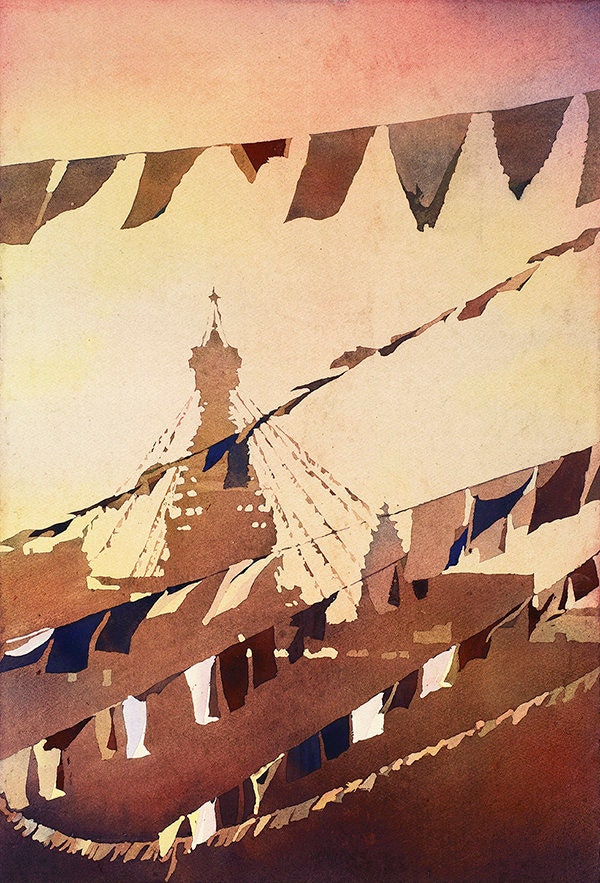 Prayer flags at Buddhist stupa of Swayambhunath near Kathmandu Nepal, Buddhist art watercolor painting prayer flags, Nepal fine art giclee