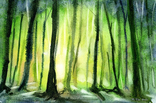 Trees in forest silhouetted at sunset Watercolor painting of trees Green art forest painting landscape painting colorful (print)