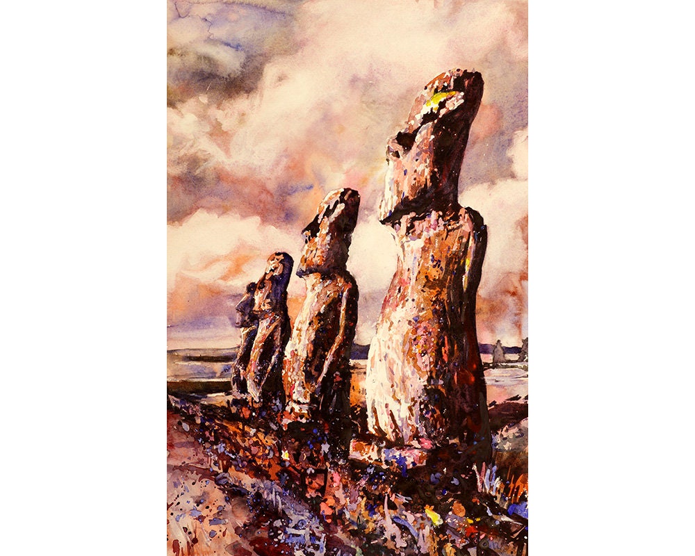 Moai statues on Easter Island- Chile,  Easter Island art, Easter Island watercolor painting Moai statue, watercolor Moai painting (print)