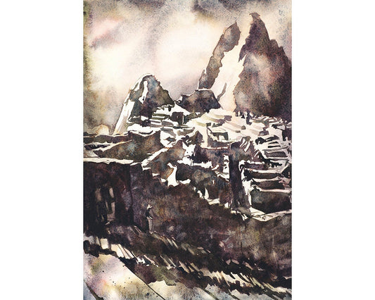 This Sacred Valley Peru watercolor painting highlights the breathtaking view from the Hut of the Caretaker at Machu Picchu—perfect for travel lovers and cultural home decor.