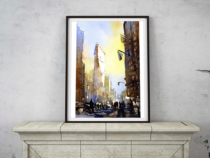 New York City Flat-Iron Building- New York sunset fine art painting, NYC architecture Flat Iron art, New York City home decor (print)