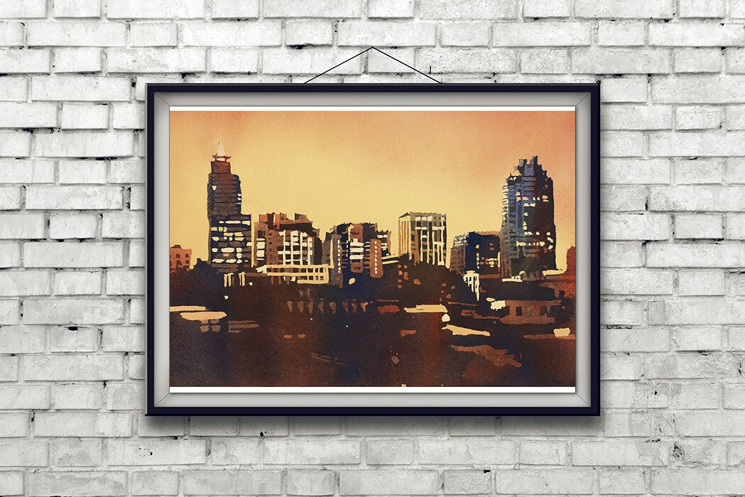 Raleigh skyline watercolor painting, skyline of downtown Raleigh, NC at sunrise.  Watercolor painting Raleigh fine art giclee watercolor art