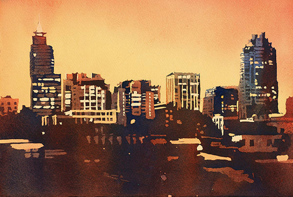 Raleigh skyline watercolor painting, skyline of downtown Raleigh, NC at sunrise.  Watercolor painting Raleigh fine art giclee watercolor art