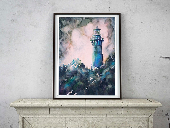 Watercolor painting of Currituck Lighthouse in Outer Banks, NC, lighthouse painting wall art watercolor landscape fine art print lighthouse