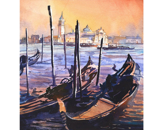 Venice travel-inspired wall art featuring gondolas and iconic church in expressive watercolor.