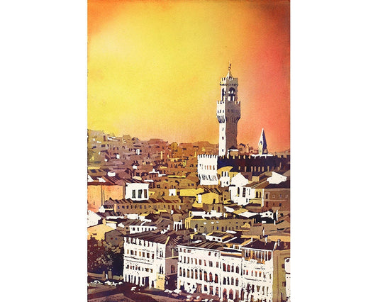 Palazzo Vecchio in the medieval city of Florence, Italy.  Palazzo Vecchio Florence skyline sunset colorful watercolor painting (print)