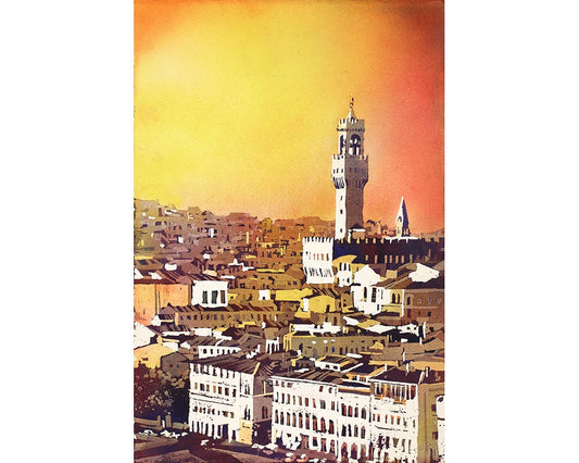 Palazzo Vecchio en la ciudad medieval de Florencia, Italia. Palazzo Vecchio Florencia horizonte puesta de sol colorida pintura de acuarela (impresión)