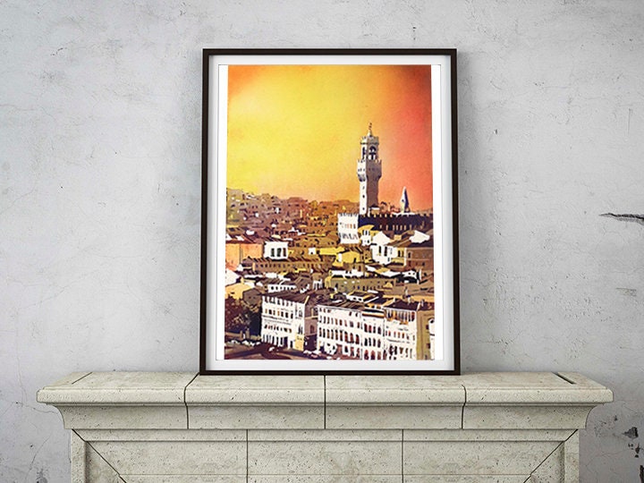 Palazzo Vecchio in the medieval city of Florence, Italy.  Palazzo Vecchio Florence skyline sunset colorful watercolor painting (print)