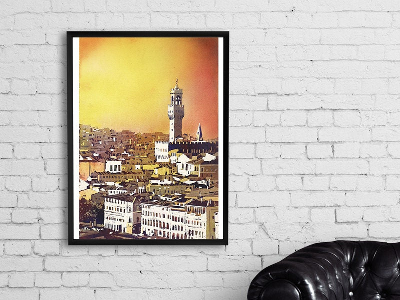 Palazzo Vecchio in the medieval city of Florence, Italy.  Palazzo Vecchio Florence skyline sunset colorful watercolor painting (print)