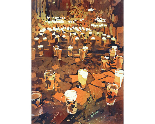 This Day of the Dead artwork features dozens of candles glowing among graves, painted in luminous watercolor tones—great for travel-inspired interiors and collectors of Mexican art.