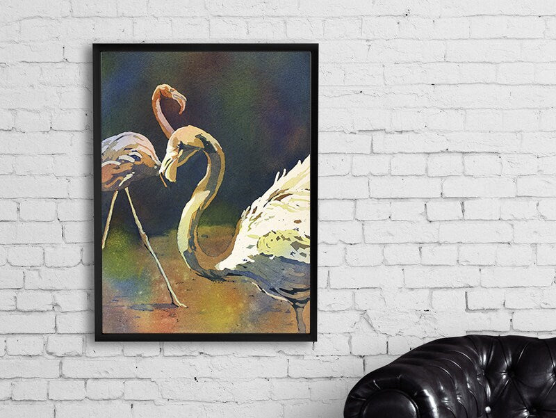 Flamingos at zoo.  Fine art watercolor painting of flamingos. Painting flamingo art bird illustration colorful decor flamingo (print)