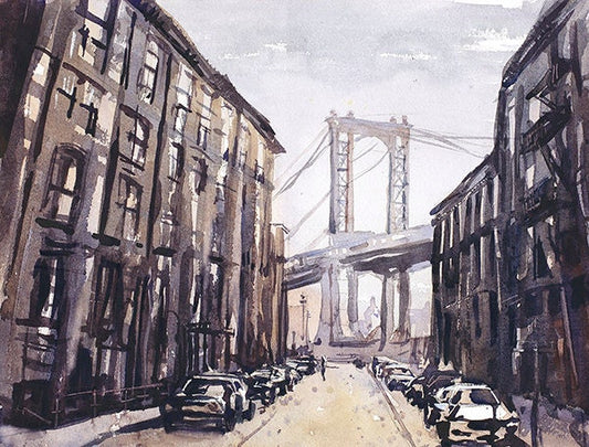 Watercolor painting of theManhattan Bridge as viewed from Brooklyn- New York City, NY (USA)