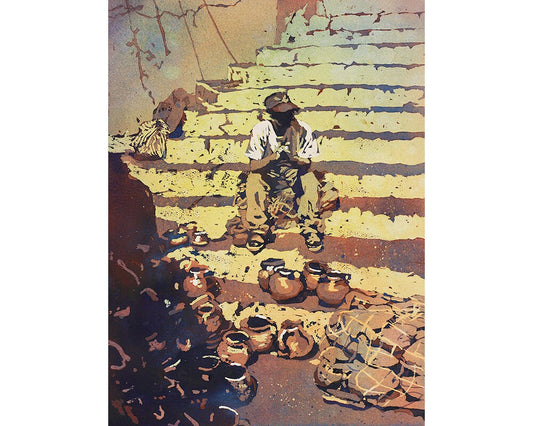 Vendor sitting on steps at the tourist market of Chichicastenango- Guatemala painting watercolor fine art home decor Guatemala artwork (print)