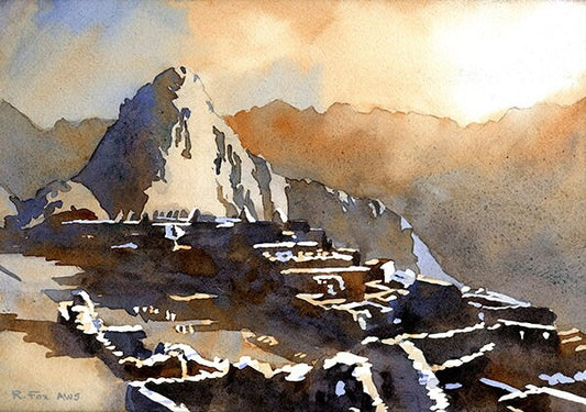 A fine art watercolor painting of the view from the Hut of the Caretaker at Machu Picchu in the Sacred Valley, Peru, featuring terraced mountains and lush green peaks—ideal for travel-inspired home or office decor.