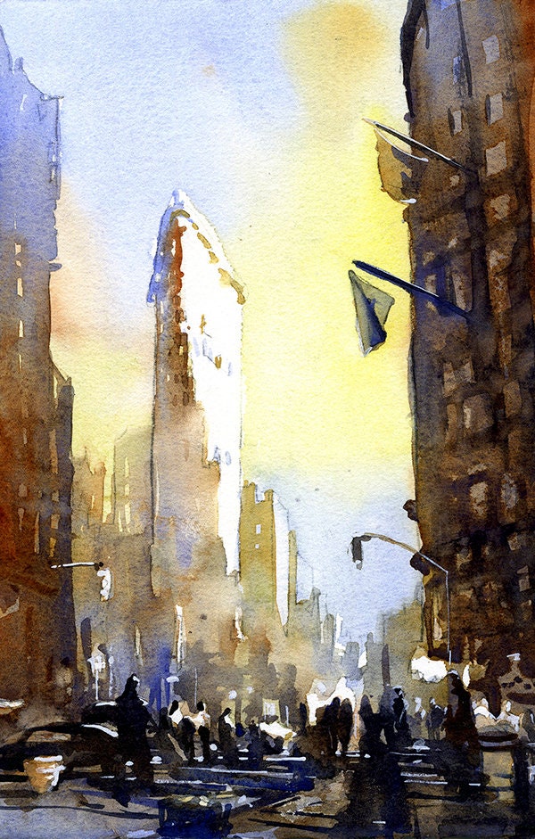 New York City Flat-Iron Building- New York sunset fine art painting, NYC architecture Flat Iron art, New York City home decor (print)