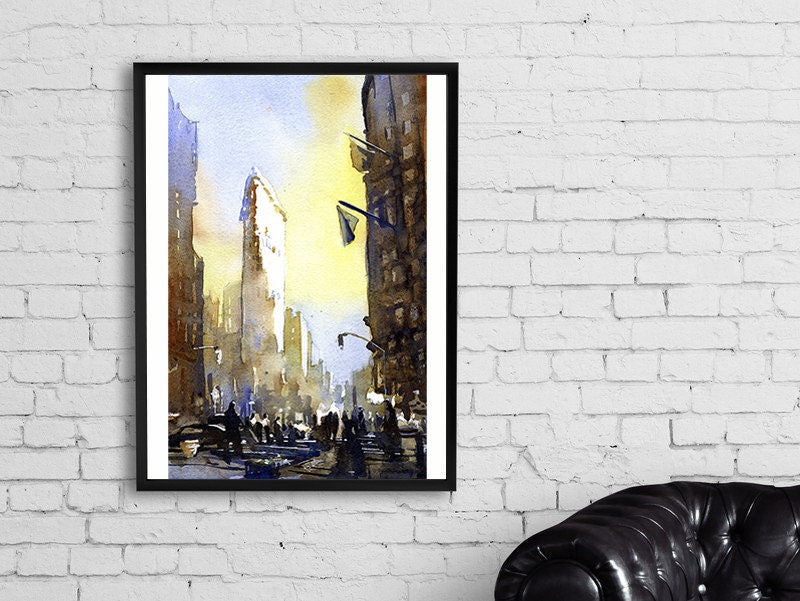 New York City Flat-Iron Building- New York sunset fine art painting, NYC architecture Flat Iron art, New York City home decor (print)