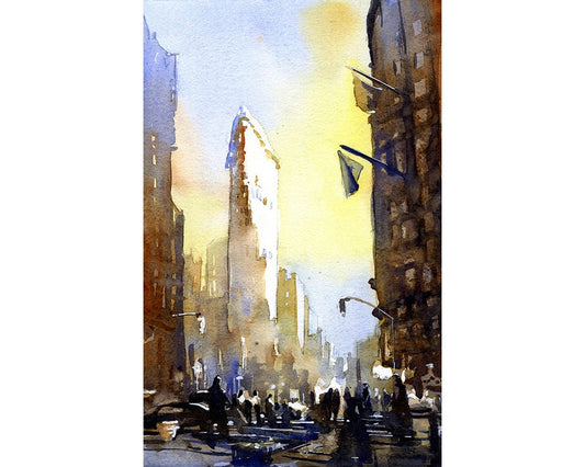 Watercolor painting of the historic Flat Iron building in New York City- New York at sunset