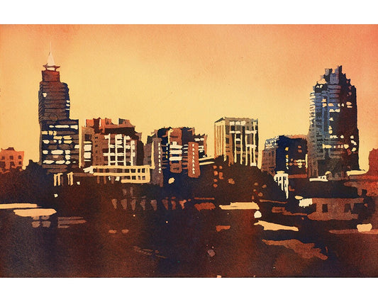 Raleigh skyline watercolor painting, skyline of downtown Raleigh, NC at sunrise.  Watercolor painting Raleigh fine art giclee watercolor art