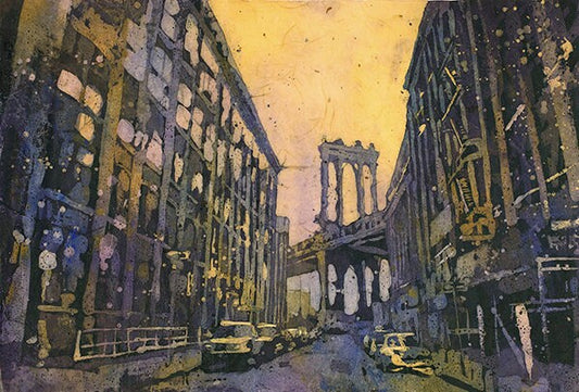Watercolor painting of theManhattan Bridge as viewed from Brooklyn- New York City, NY (USA)