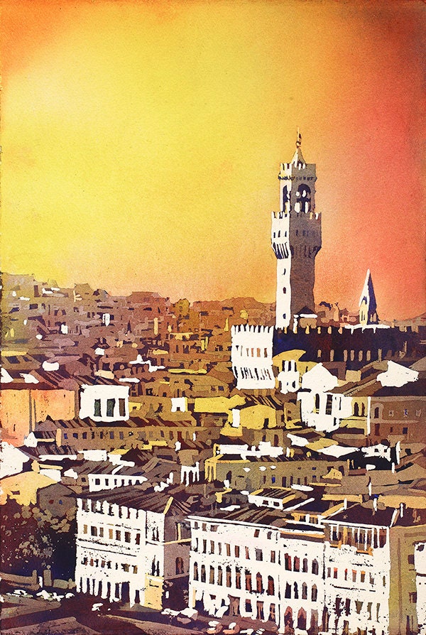 Palazzo Vecchio in the medieval city of Florence, Italy.  Palazzo Vecchio Florence skyline sunset colorful watercolor painting (print)