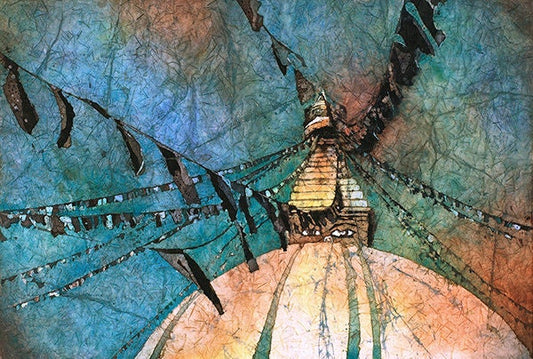 Batik painting of Swayambhunath Buddhist stupa in the Kathmandu Valley- Nepal fine art print watercolor wall art Buddhist stupa (print)