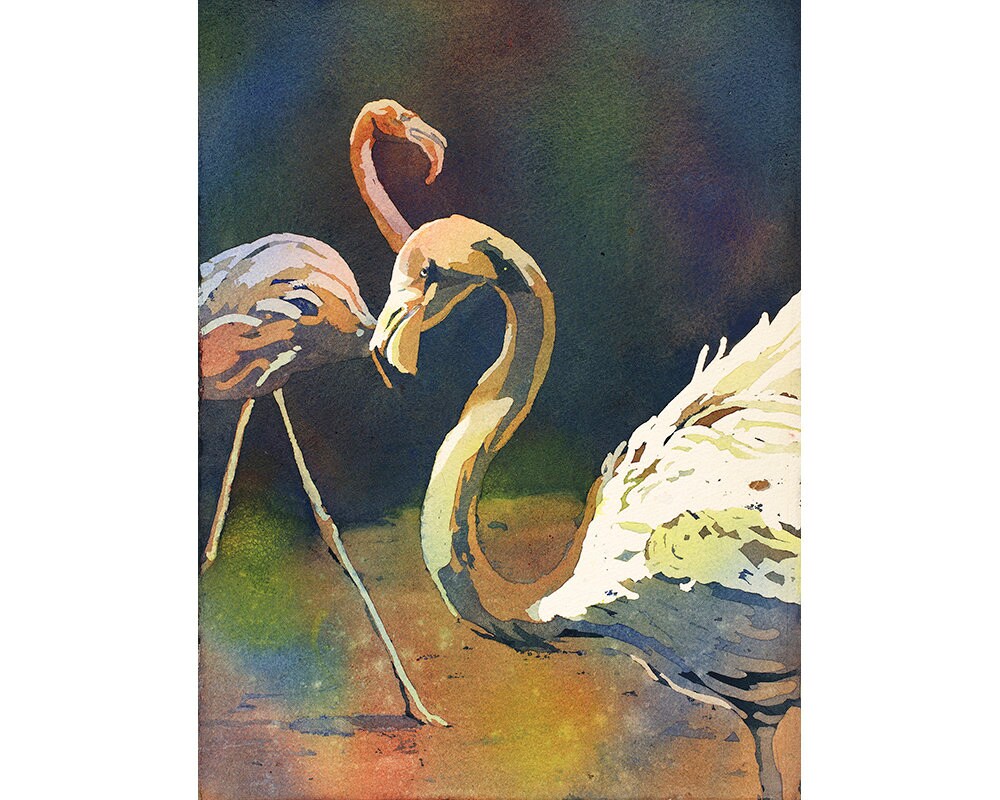 Flamingos at zoo.  Fine art watercolor painting of flamingos. Painting flamingo art bird illustration colorful decor flamingo (print)