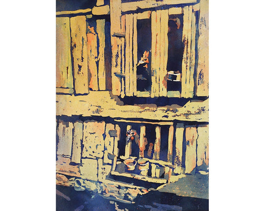 Roosters in cage in Sacred Valley, Peru.  Original watercolor painting.  Chicken art home decor animals colorful artwork Peru painting