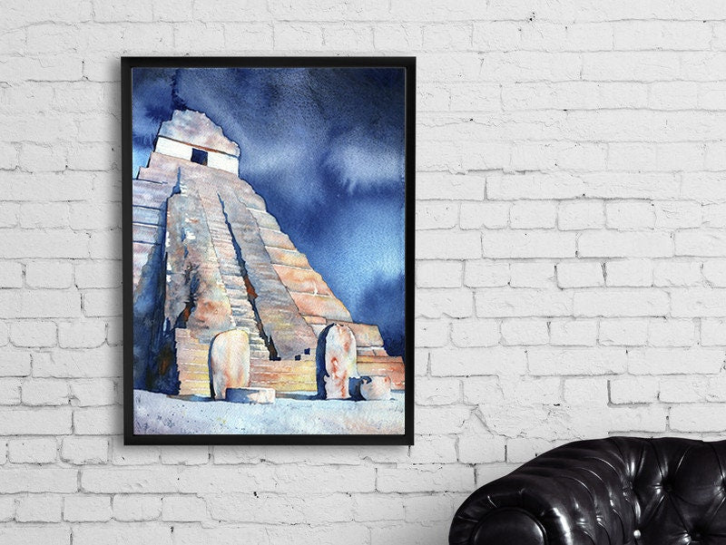 Mayan temple & stelae at UNESCO World Heritage ruins of Tikal- Guatemala, Tikal artwork home decor watercolor blue artwork Tikal art (print)